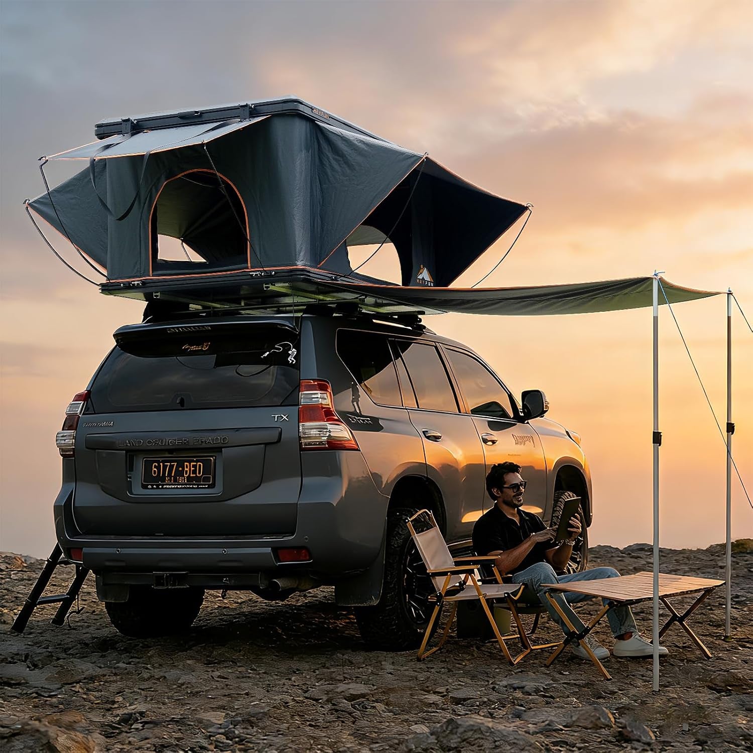 Pioneer Pro Rooftop Tent Hard Shell with 4-Sided Windows, Side Awning&Led Light Strip, 2-3 Person Roof Top Tent for 4 Season Camping, Aluminum Pop up Roof Tent for Truck Jeep SUV Van Trailer