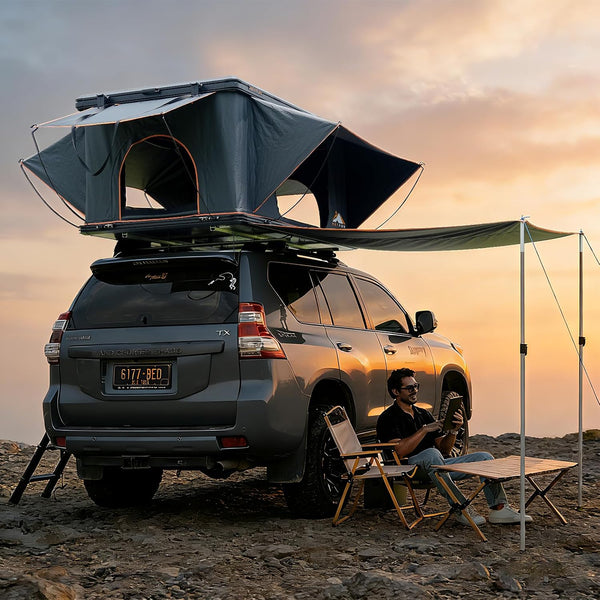 Pioneer Pro Rooftop Tent Hard Shell with 4-Sided Windows, Side Awning&Led Light Strip, 2-3 Person Roof Top Tent for 4 Season Camping, Aluminum Pop up Roof Tent for Truck Jeep SUV Van Trailer