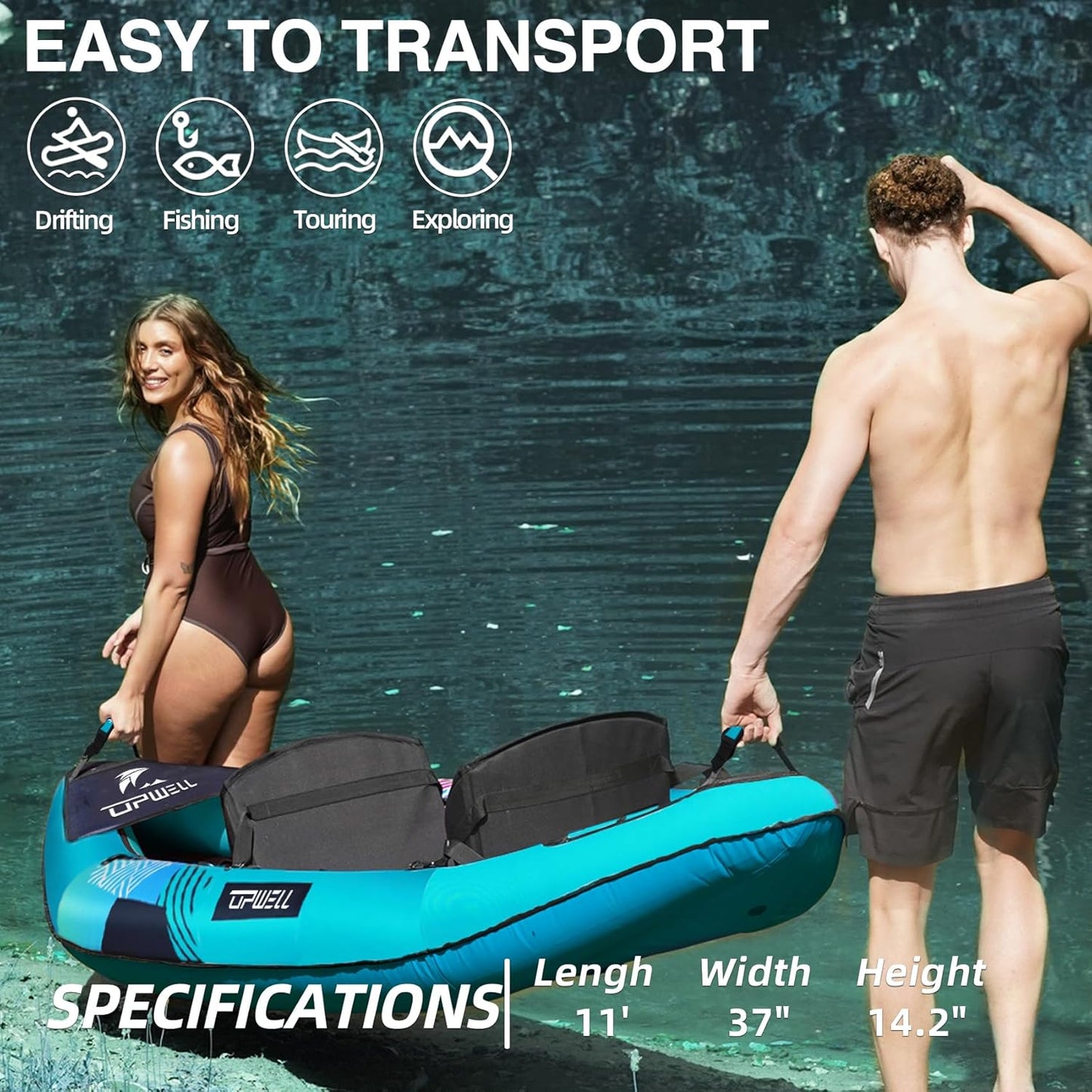 13'6”/11' Inflatable Recreational Kayak - 2 Person with Drop Stitch Floor and Accessories Including Kayak Seats with High Back Support, Paddle, Fin, Repair Kits, Carry Bag and Hand Pump