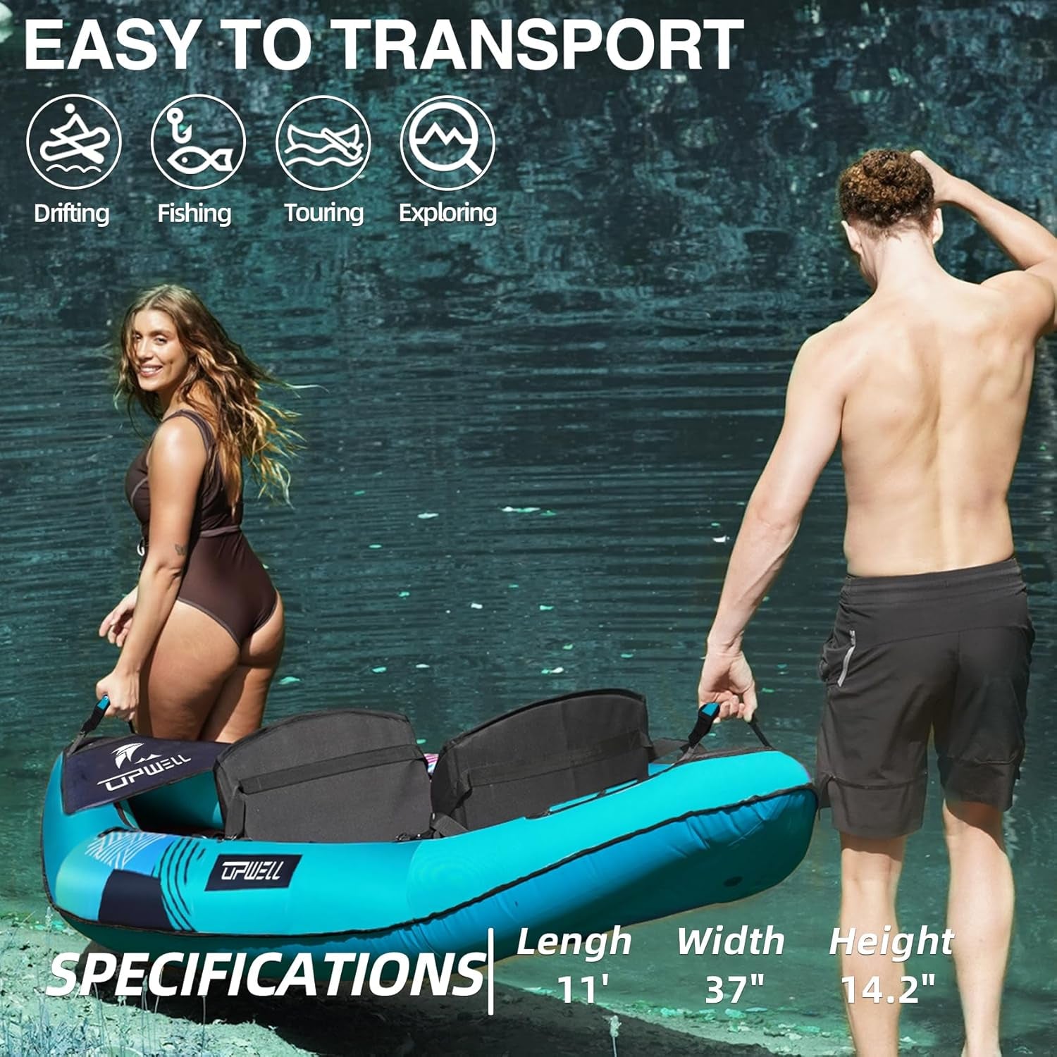 13'6”/11' Inflatable Recreational Kayak - 2 Person with Drop Stitch Floor and Accessories Including Kayak Seats with High Back Support, Paddle, Fin, Repair Kits, Carry Bag and Hand Pump