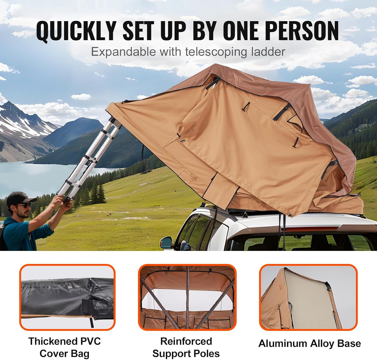 Rooftop Tent Hard Shell, 2-3 Person Roof Top Tent for Car SUV Truck Jeep Van Camping with Telescopic Ladder, Thick Mattress & LED Light