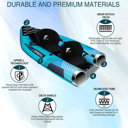 13'6”/11' Inflatable Recreational Kayak - 2 Person with Drop Stitch Floor and Accessories Including Kayak Seats with High Back Support, Paddle, Fin, Repair Kits, Carry Bag and Hand Pump