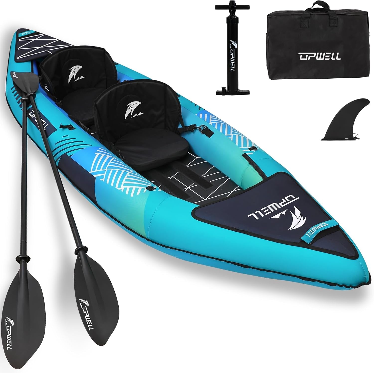 13'6”/11' Inflatable Recreational Kayak - 2 Person with Drop Stitch Floor and Accessories Including Kayak Seats with High Back Support, Paddle, Fin, Repair Kits, Carry Bag and Hand Pump