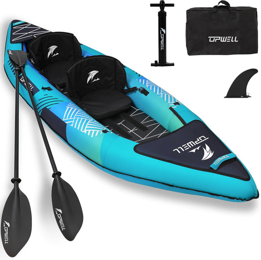 13'6”/11' Inflatable Recreational Kayak - 2 Person with Drop Stitch Floor and Accessories Including Kayak Seats with High Back Support, Paddle, Fin, Repair Kits, Carry Bag and Hand Pump