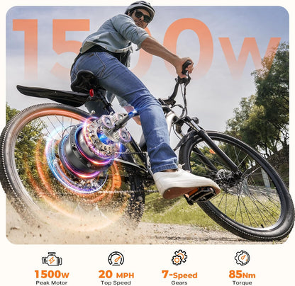 Electric Bike, 1000W/750W Peak Powerful Motor, 70/55 Miles Range & 20MPH Speed, 26'' Tires, APP Control Ebikes, Shock Absorber, Commuting Electric Bike for Adults
