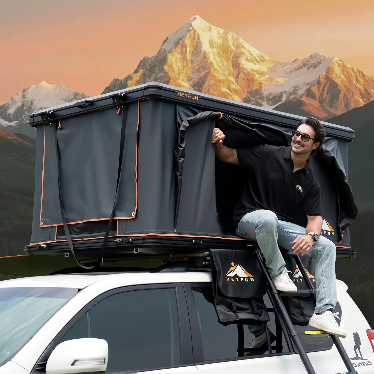 Pioneer Pro Rooftop Tent Hard Shell with 4-Sided Windows, Side Awning&Led Light Strip, 2-3 Person Roof Top Tent for 4 Season Camping, Aluminum Pop up Roof Tent for Truck Jeep SUV Van Trailer