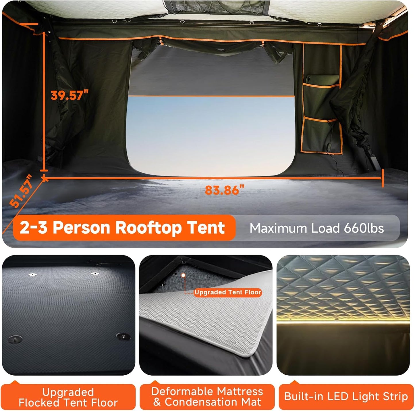 Pioneer Pro Rooftop Tent Hard Shell with 4-Sided Windows, Side Awning&Led Light Strip, 2-3 Person Roof Top Tent for 4 Season Camping, Aluminum Pop up Roof Tent for Truck Jeep SUV Van Trailer
