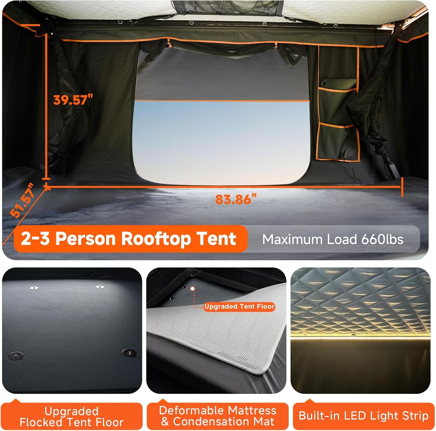 Pioneer Pro Rooftop Tent Hard Shell with 4-Sided Windows, Side Awning&Led Light Strip, 2-3 Person Roof Top Tent for 4 Season Camping, Aluminum Pop up Roof Tent for Truck Jeep SUV Van Trailer