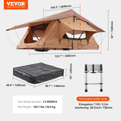 Rooftop Tent Hard Shell, 2-3 Person Roof Top Tent for Car SUV Truck Jeep Van Camping with Telescopic Ladder, Thick Mattress & LED Light