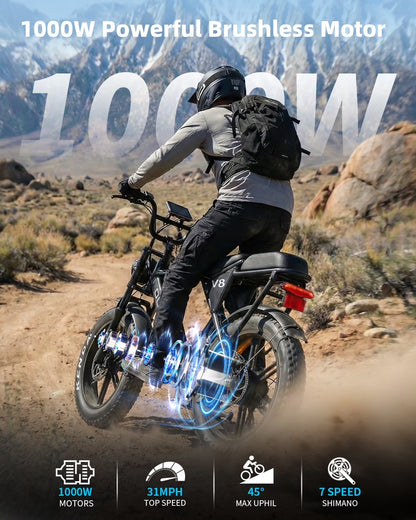 Ride the Adventure: V8 20" Fat Tire Electric Mountain Bike with 750W Power & Long-Lasting 48V Battery!