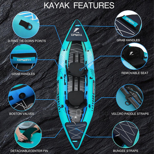 13'6”/11' Inflatable Recreational Kayak - 2 Person with Drop Stitch Floor and Accessories Including Kayak Seats with High Back Support, Paddle, Fin, Repair Kits, Carry Bag and Hand Pump