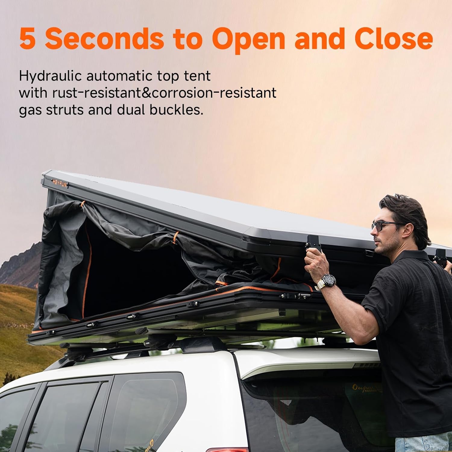 Pioneer Pro Rooftop Tent Hard Shell with 4-Sided Windows, Side Awning&Led Light Strip, 2-3 Person Roof Top Tent for 4 Season Camping, Aluminum Pop up Roof Tent for Truck Jeep SUV Van Trailer