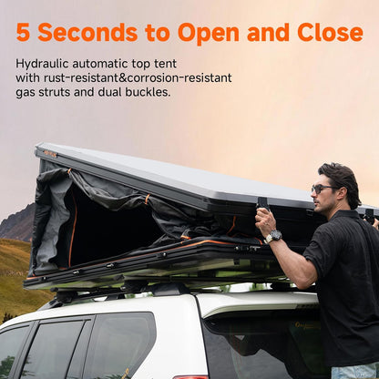 Pioneer Pro Rooftop Tent Hard Shell with 4-Sided Windows, Side Awning&Led Light Strip, 2-3 Person Roof Top Tent for 4 Season Camping, Aluminum Pop up Roof Tent for Truck Jeep SUV Van Trailer