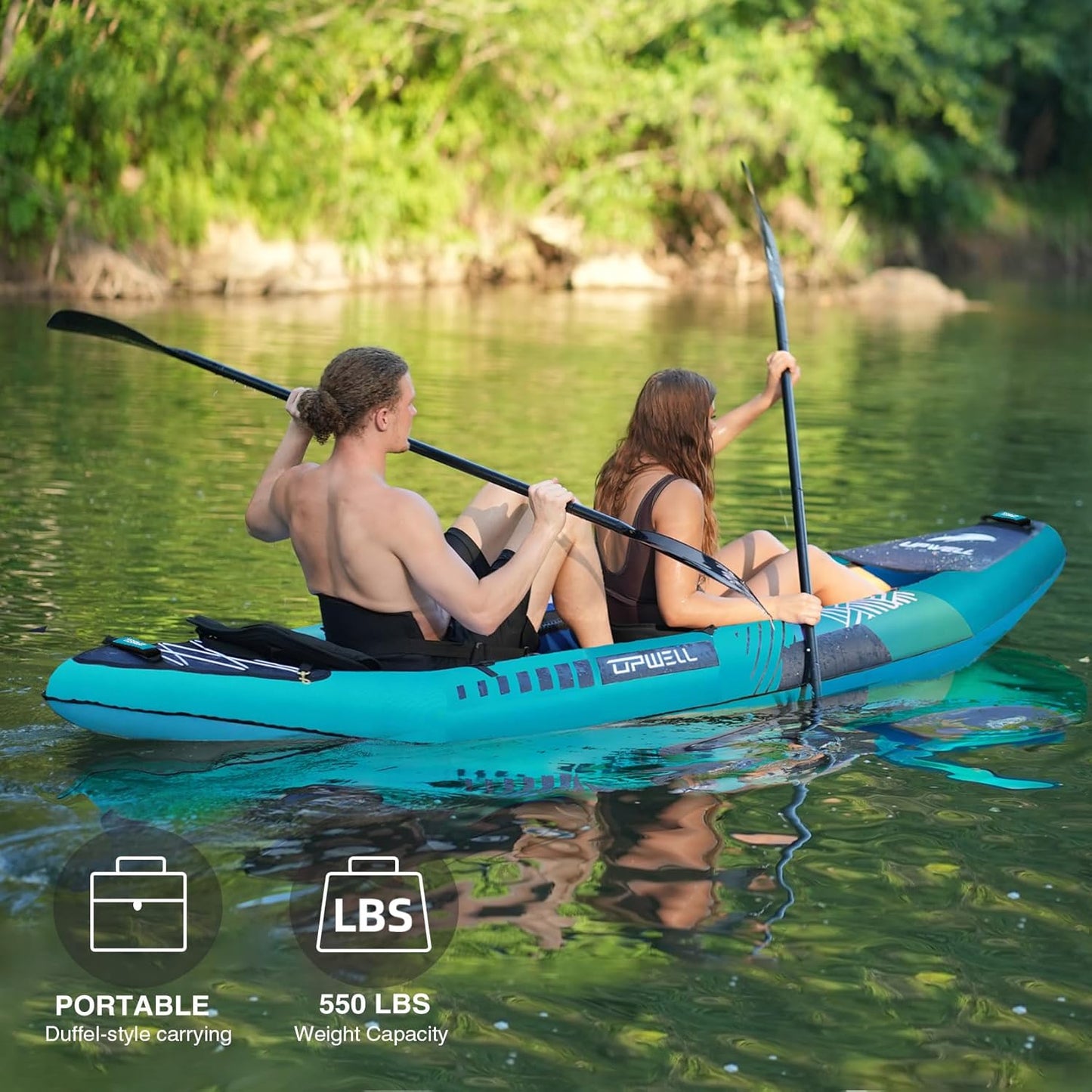 13'6”/11' Inflatable Recreational Kayak - 2 Person with Drop Stitch Floor and Accessories Including Kayak Seats with High Back Support, Paddle, Fin, Repair Kits, Carry Bag and Hand Pump