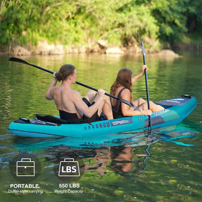 13'6”/11' Inflatable Recreational Kayak - 2 Person with Drop Stitch Floor and Accessories Including Kayak Seats with High Back Support, Paddle, Fin, Repair Kits, Carry Bag and Hand Pump